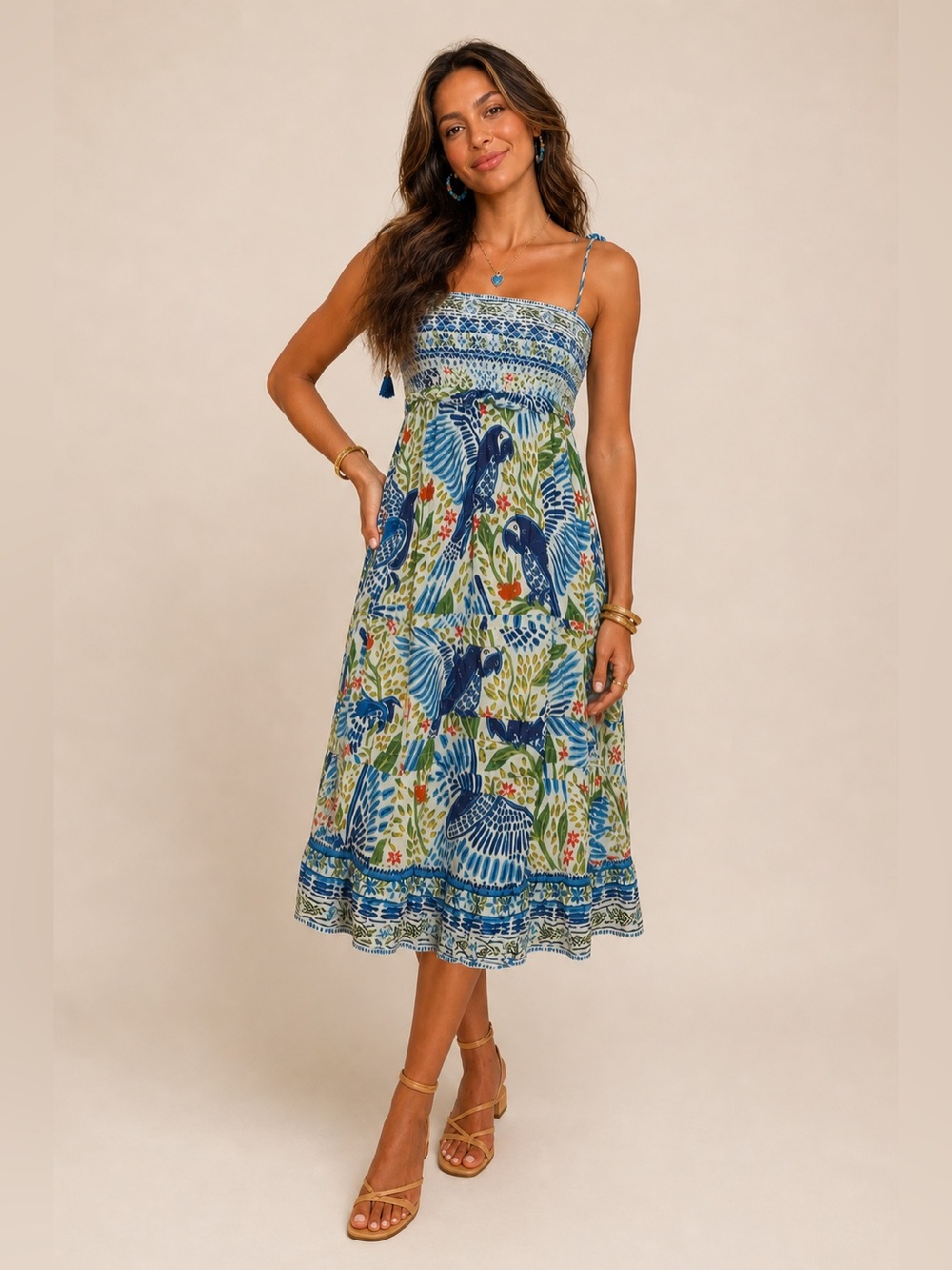 FARM Rio Blue Green Parrot-Print Midi Dress